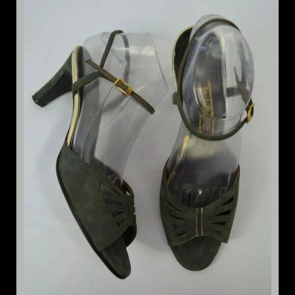 Jack Rogers Gray Leather Peep Toe Slingback Heels - Picture 1 of 8